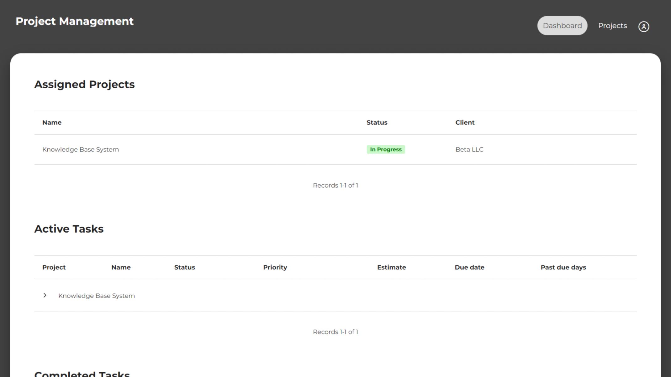 Employee interface for assigned projects, active tasks and completed tasks.